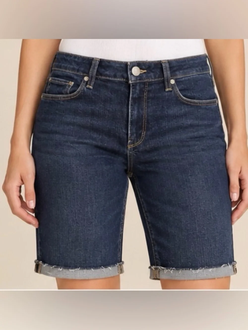 PAIGE Women’s Bermuda Denim Short Size 29 Dark Wash Stretch Cuffed Raw Hem Jorts